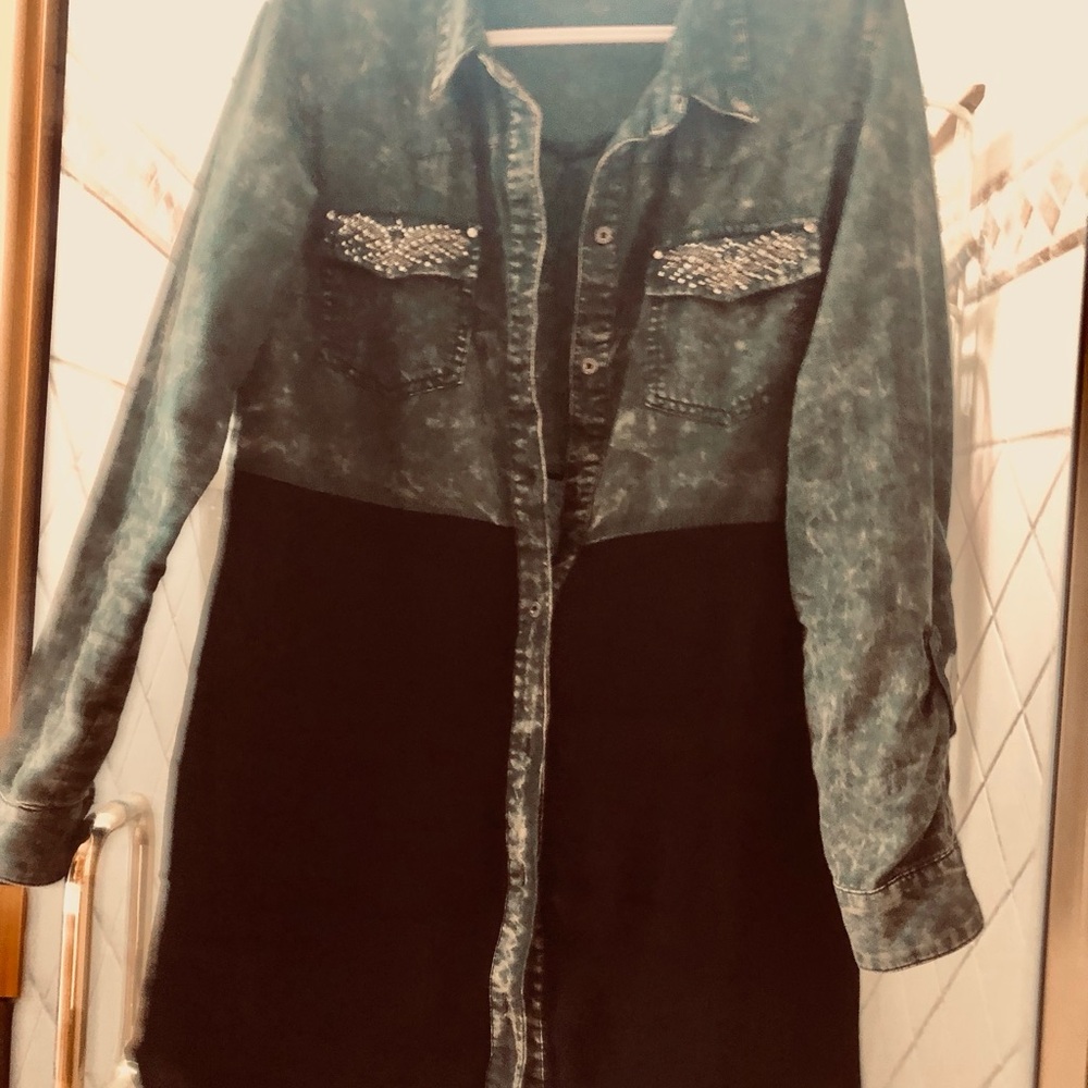 Two-Tone Denim and Black Shirt Dress with Studded Pockets